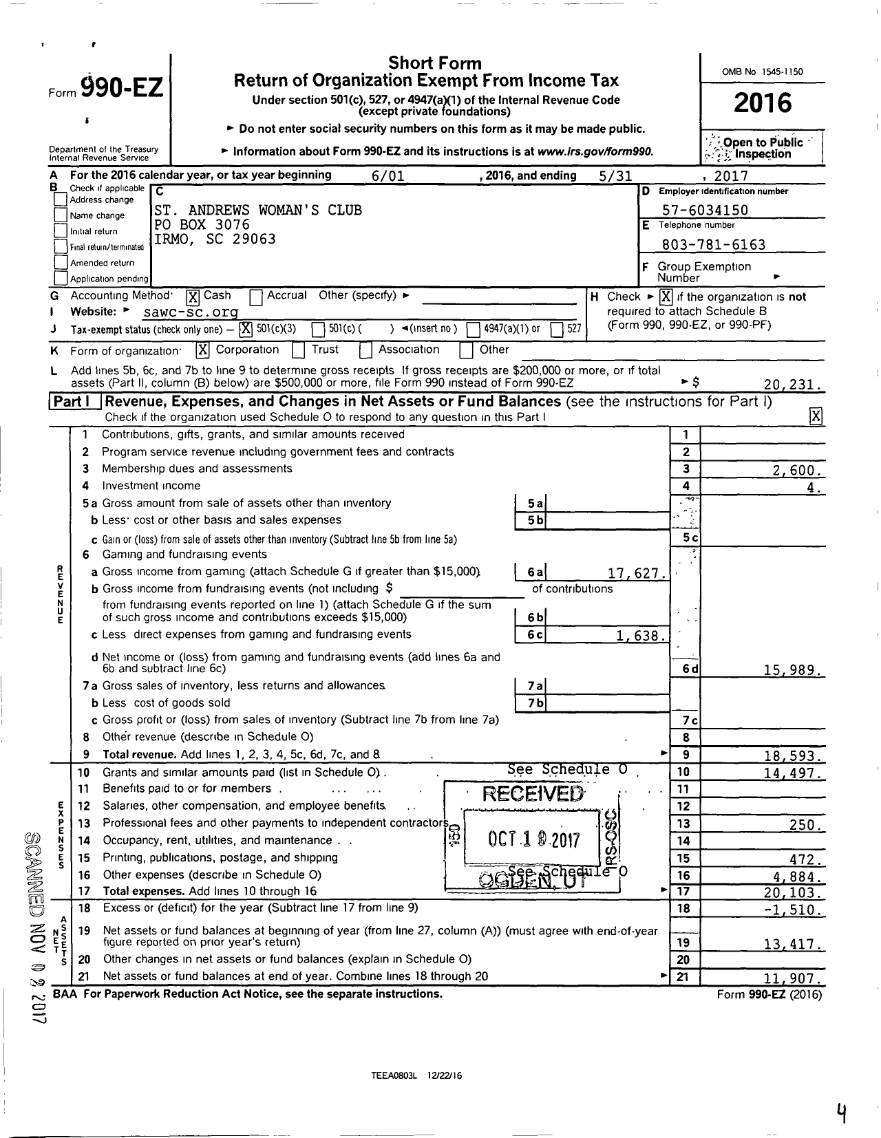 Image of first page of 2016 Form 990EZ for General Federation of Womens Clubs of South Carolina / St Andrews Womans Club