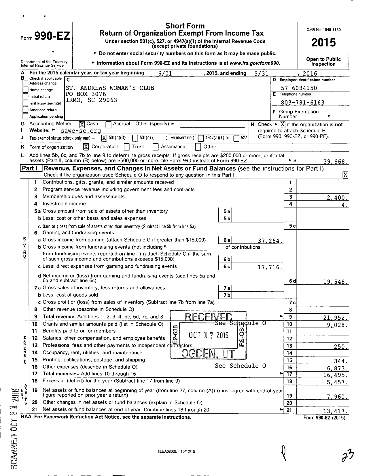 Image of first page of 2015 Form 990EZ for General Federation of Womens Clubs of South Carolina / St Andrews Womans Club