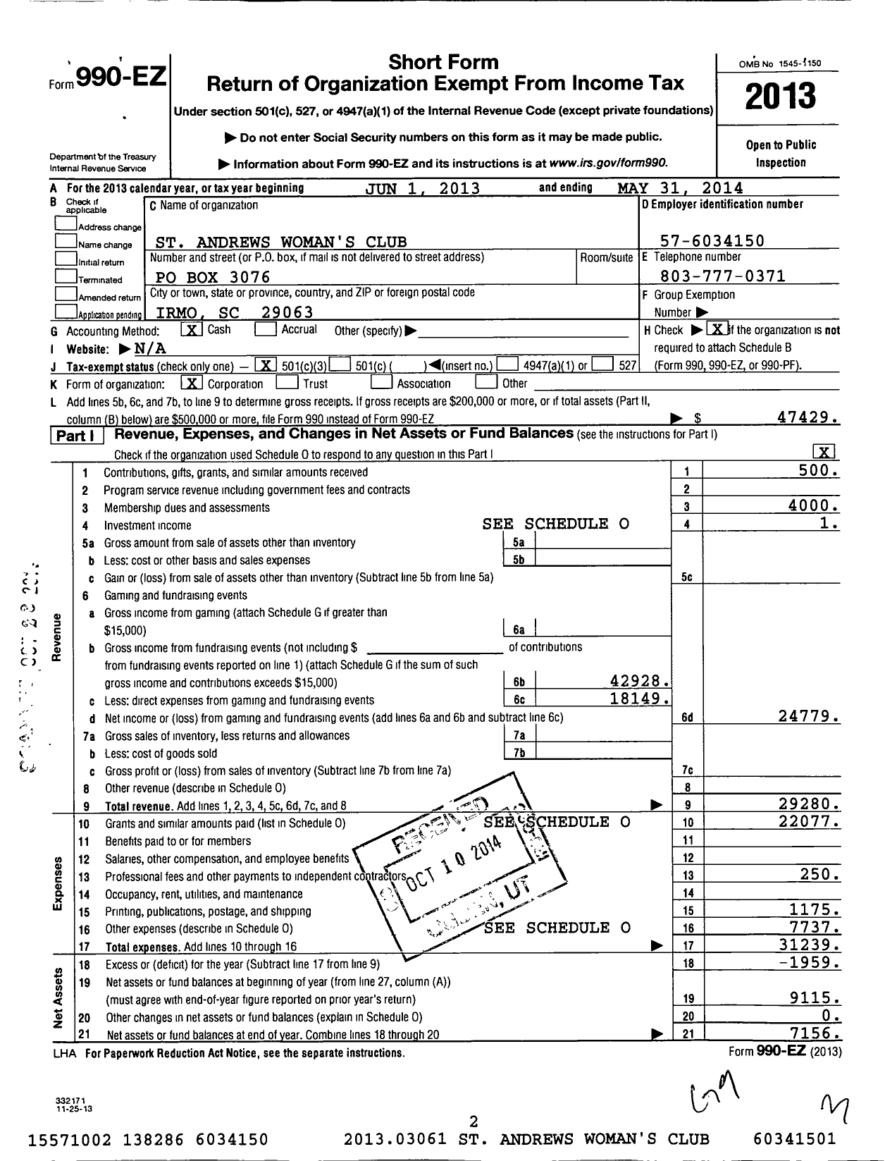 Image of first page of 2013 Form 990EZ for General Federation of Womens Clubs of South Carolina / St Andrews Womans Club