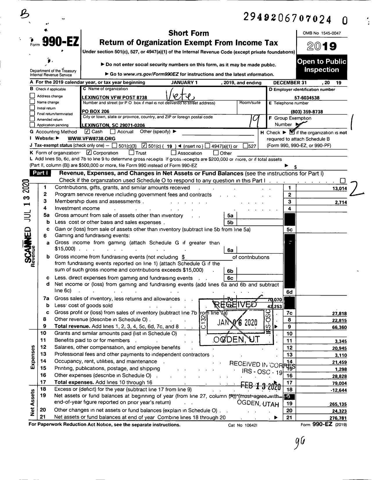 Image of first page of 2019 Form 990EO for Lexington VFW Post 8738