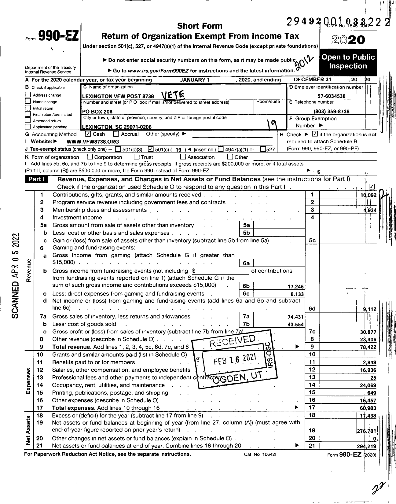 Image of first page of 2020 Form 990EO for Lexington VFW Post 8738