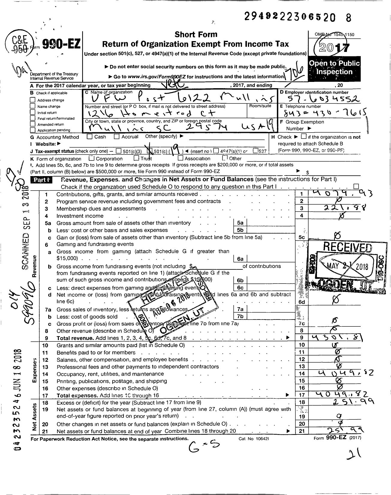 Image of first page of 2016 Form 990EO for Veterans of Foreign Wars of the United States Dept of So Carolina - 6122 Mullins Post