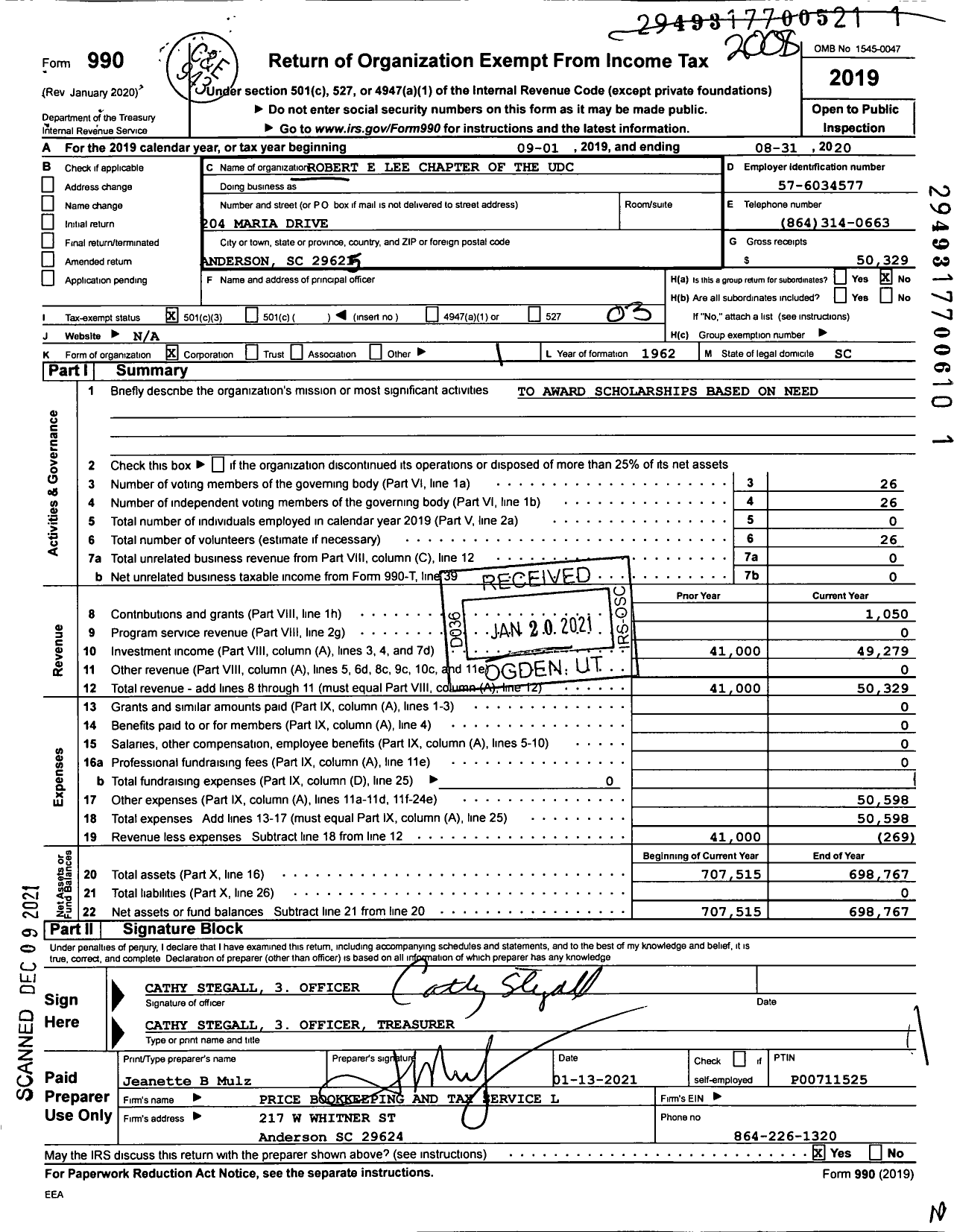 Image of first page of 2019 Form 990 for United Daughters of the Confederacy - 146 Robert E Lee Chapter