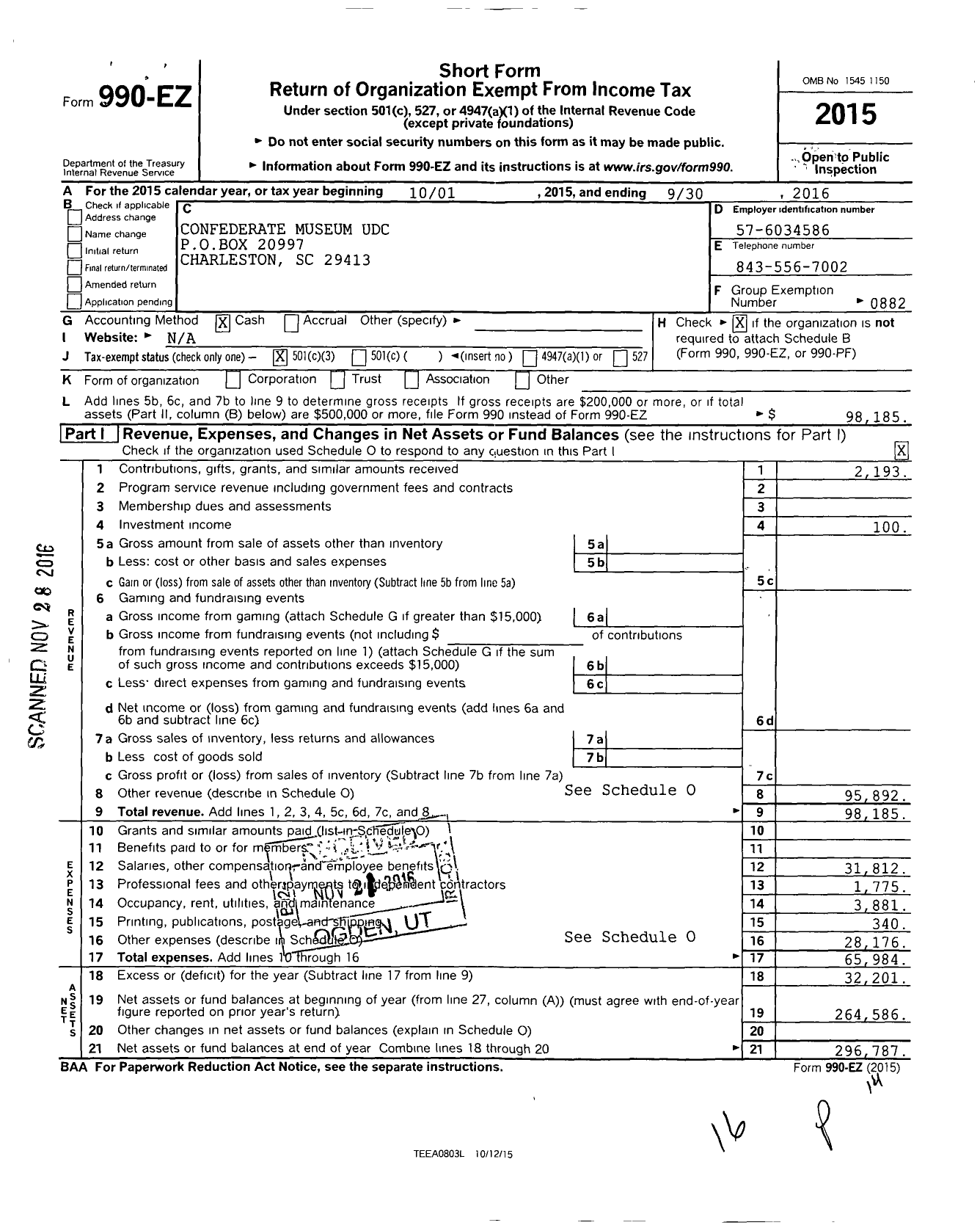 Image of first page of 2015 Form 990EZ for United Daughters of the Confederacy - Confederate Museum