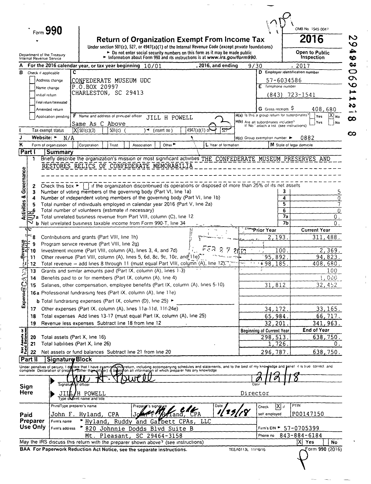 Image of first page of 2016 Form 990 for United Daughters of the Confederacy - Confederate Museum