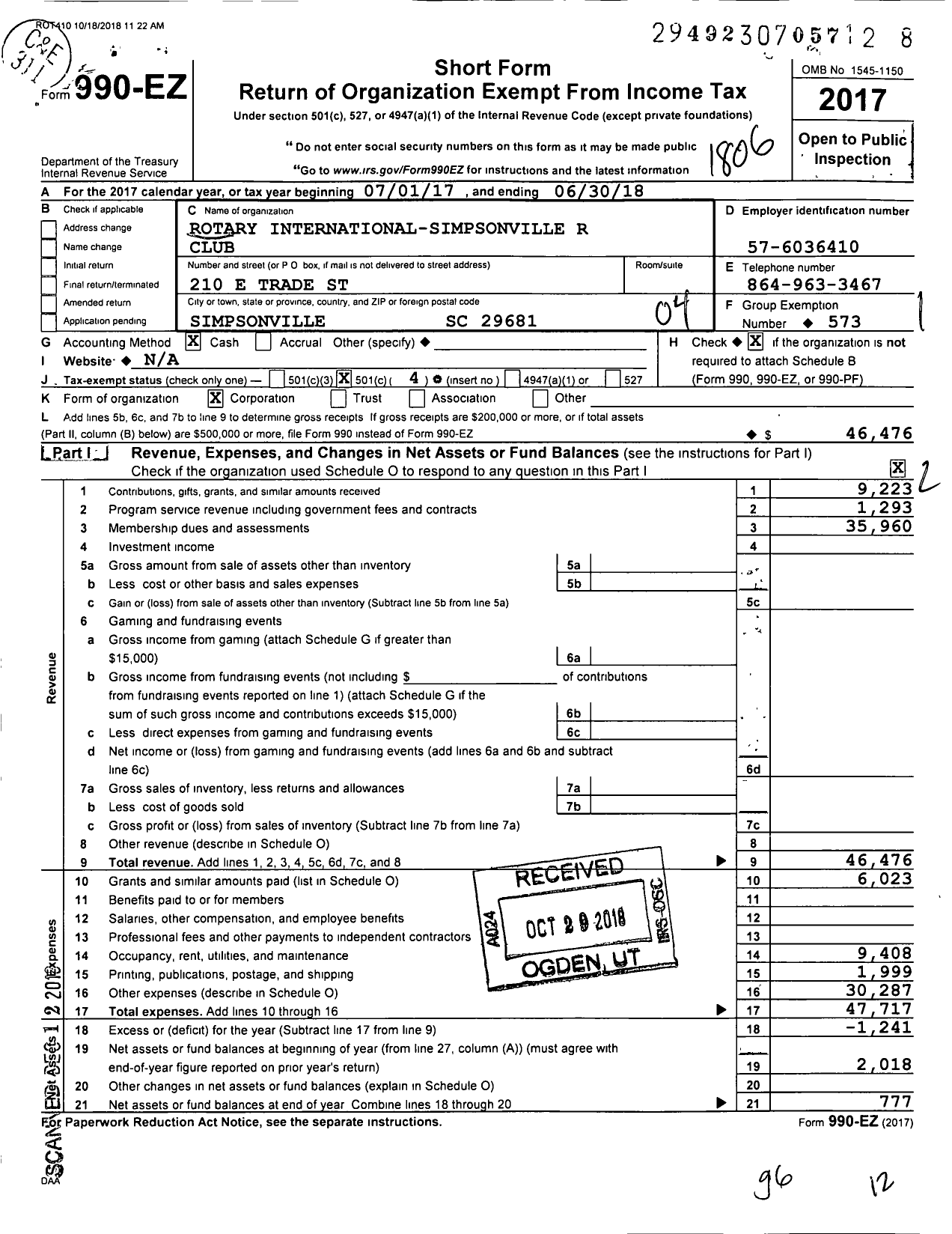 Image of first page of 2017 Form 990EO for Rotary International - Simpsonville Rotary Club