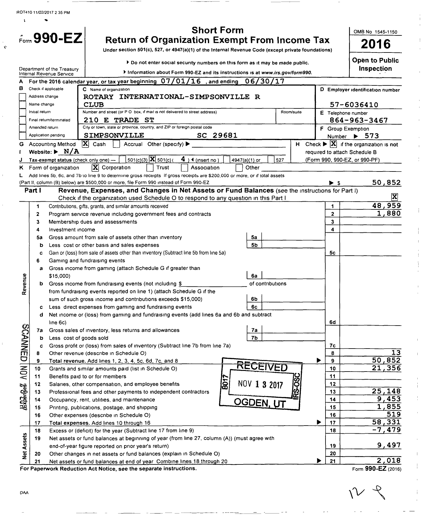 Image of first page of 2016 Form 990EO for Rotary International - Simpsonville Rotary Club