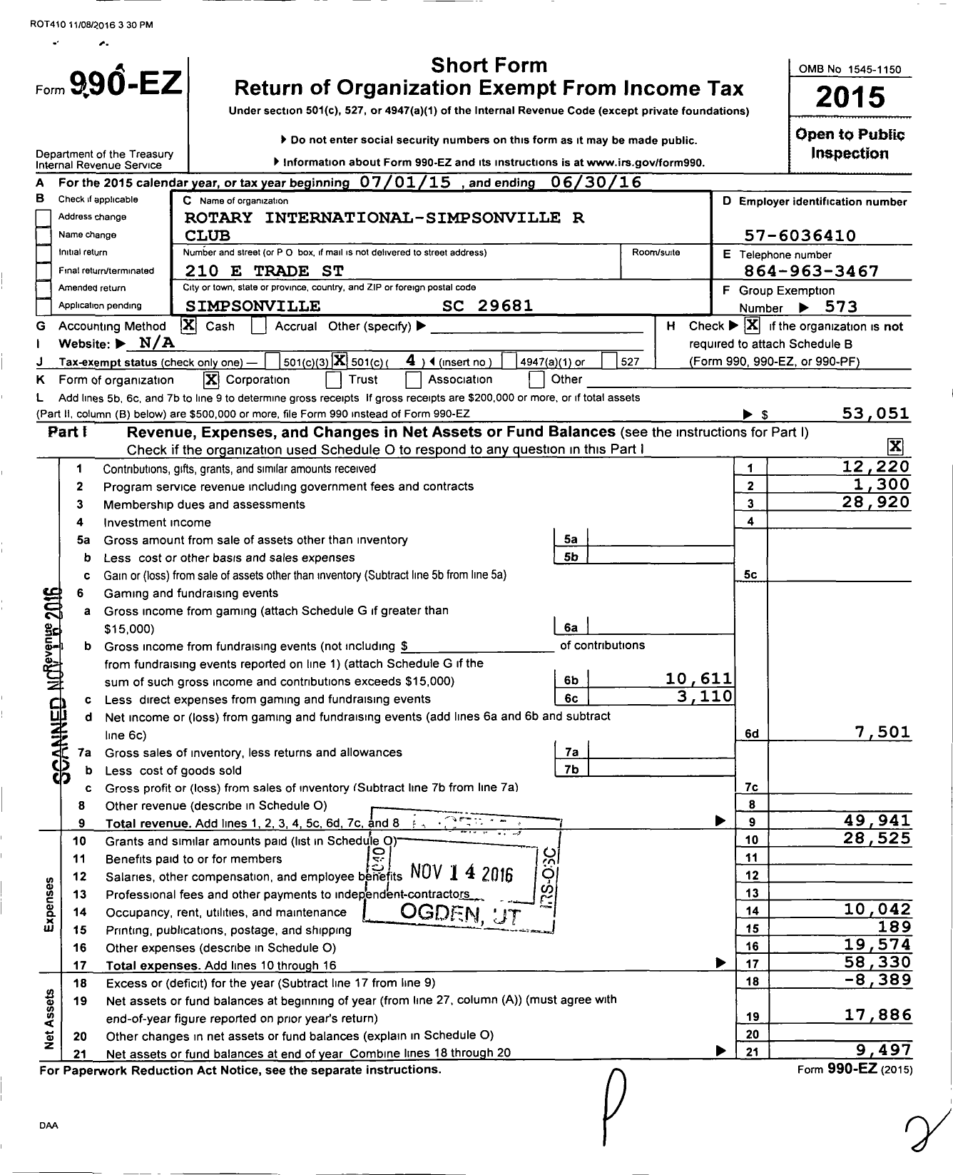 Image of first page of 2015 Form 990EO for Rotary International - Simpsonville Rotary Club