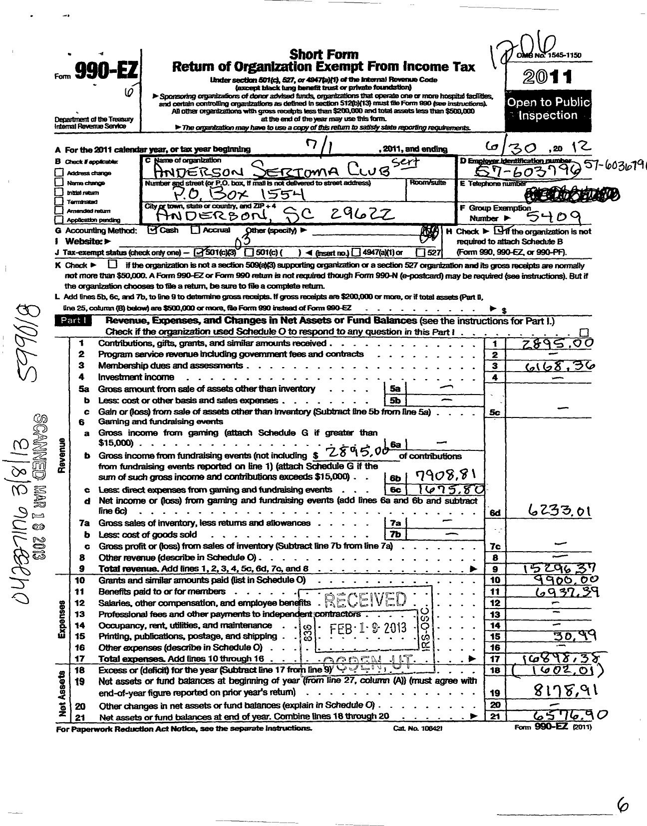 Image of first page of 2011 Form 990EZ for Sertoma - 10013 Anderson Sertoma Club