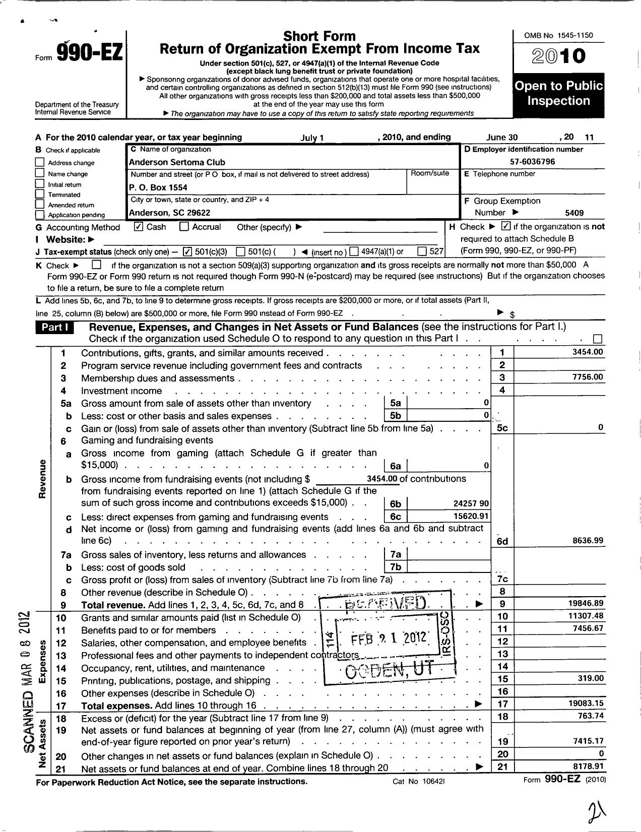 Image of first page of 2010 Form 990EZ for Sertoma - 10013 Anderson Sertoma Club