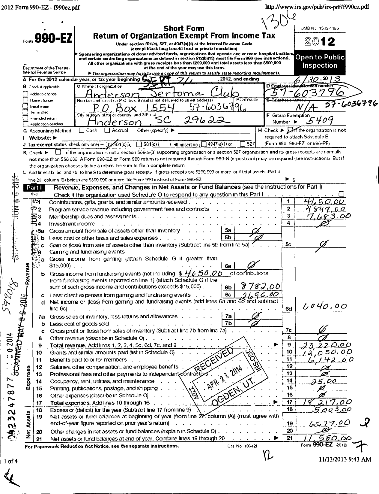 Image of first page of 2012 Form 990EZ for Sertoma - 10013 Anderson Sertoma Club