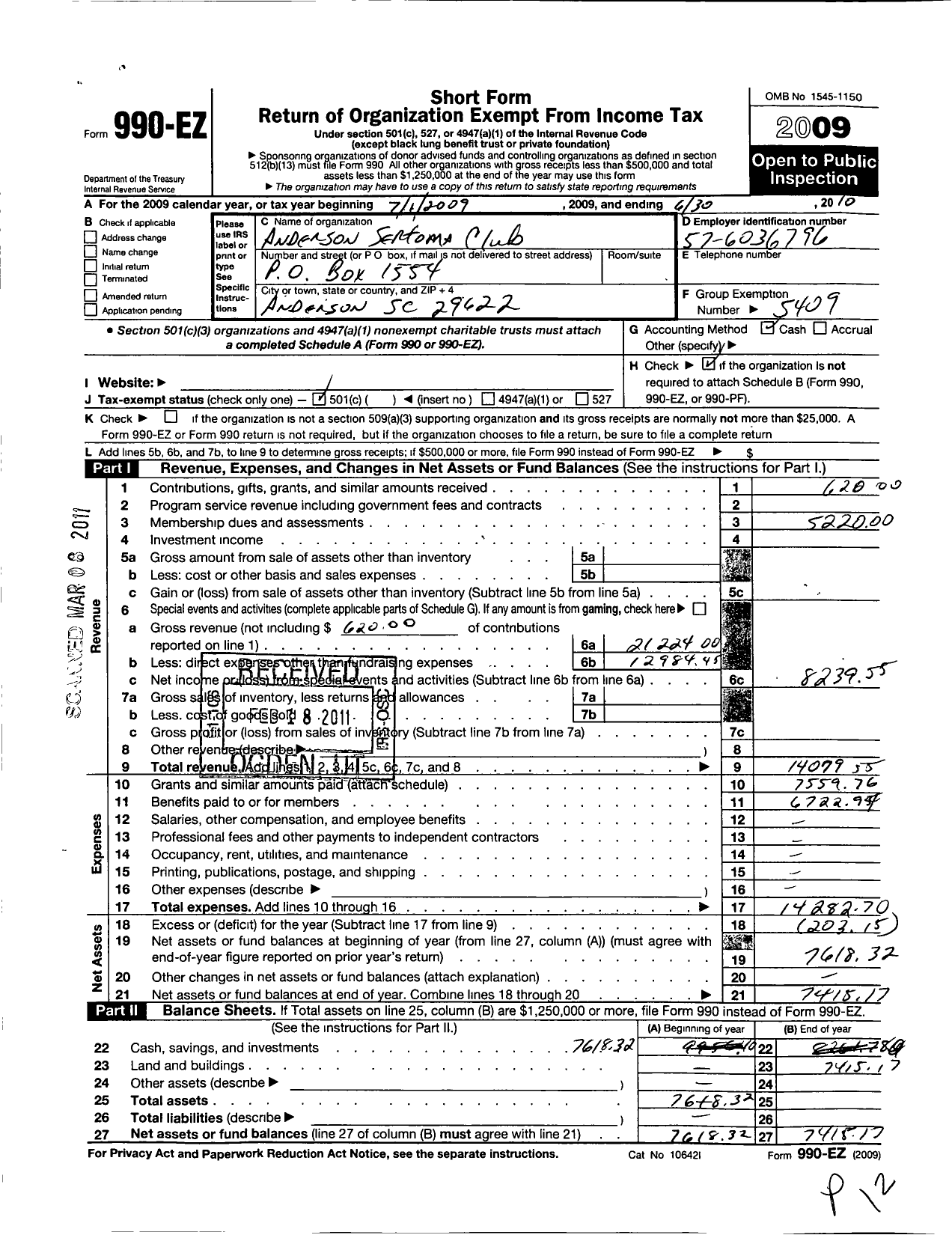 Image of first page of 2009 Form 990EO for Sertoma - 10013 Anderson Sertoma Club