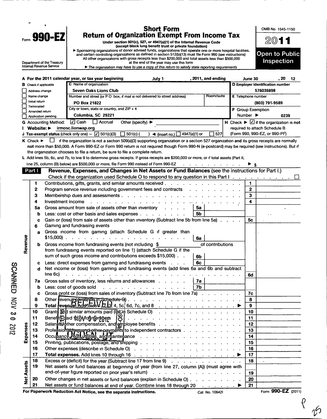 Image of first page of 2011 Form 990EZ for Lions Clubs - 11861 Greater Irmo