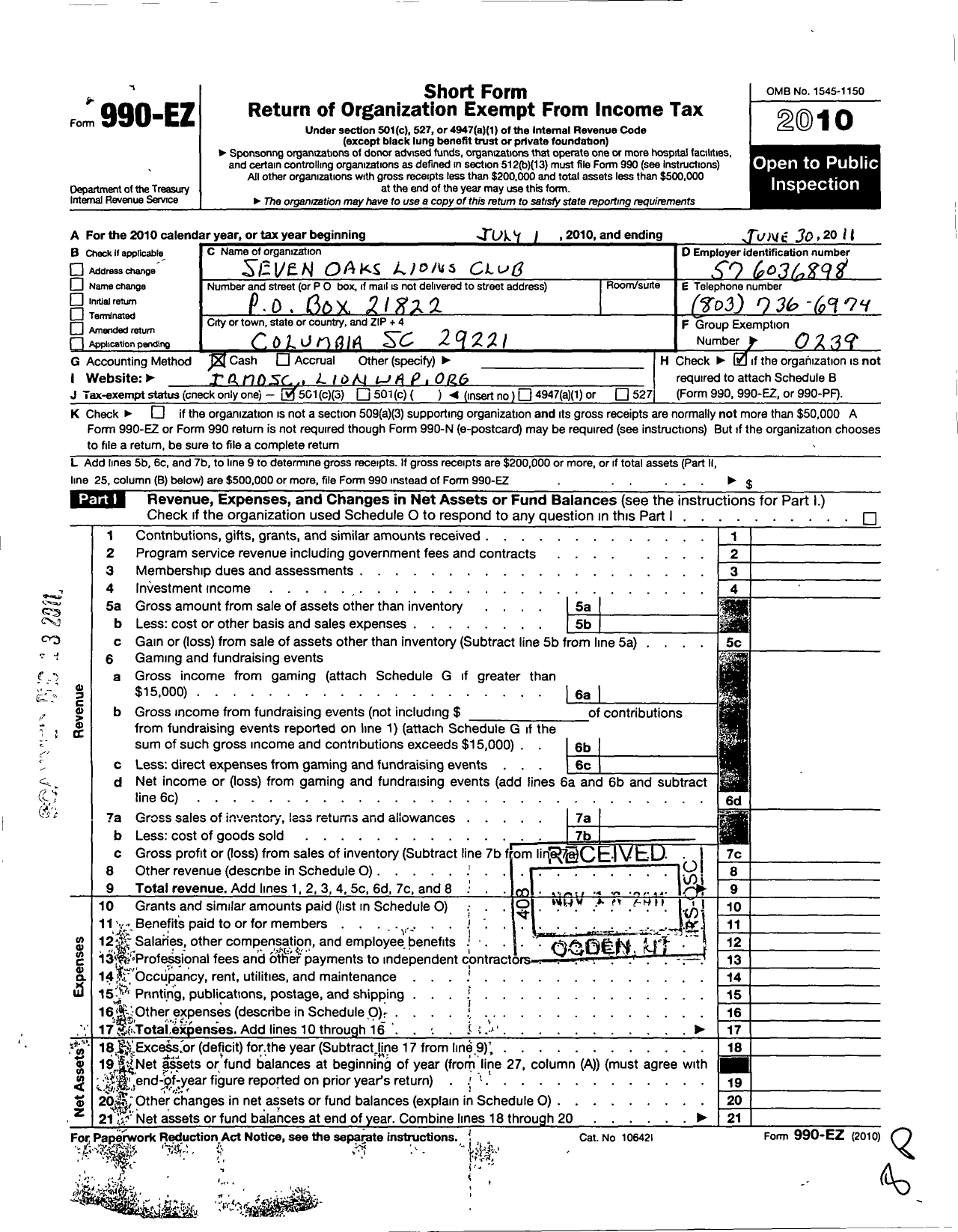 Image of first page of 2010 Form 990EZ for Lions Clubs - 11861 Greater Irmo