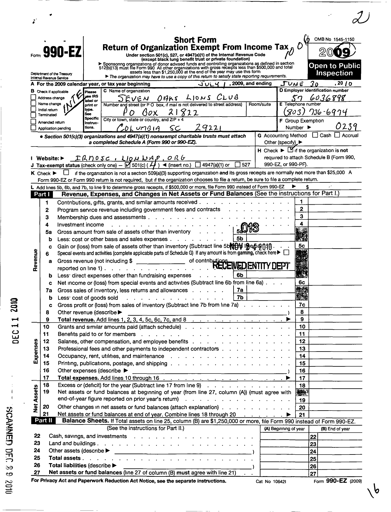 Image of first page of 2009 Form 990EO for Lions Clubs - 11861 Greater Irmo