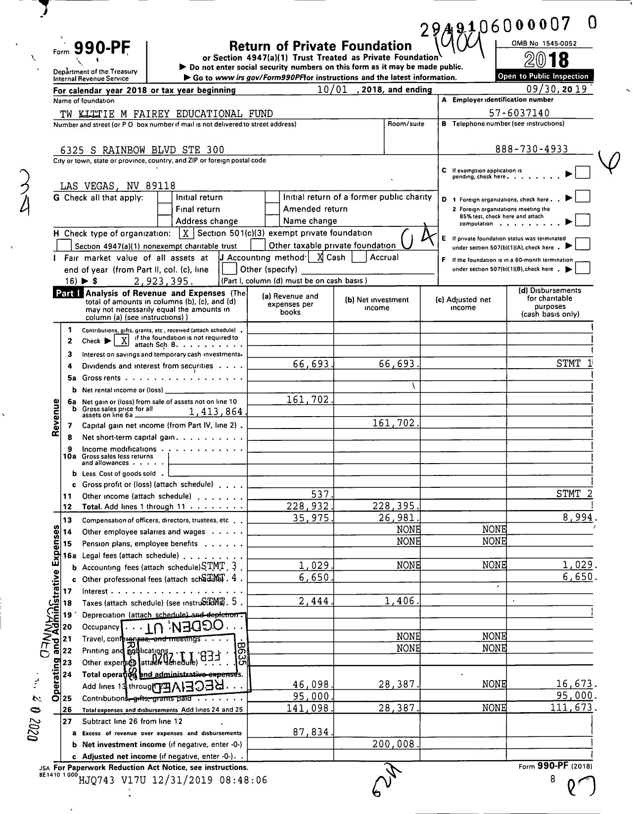 Image of first page of 2018 Form 990PR for TW Kittie M Fairey Educational Fund