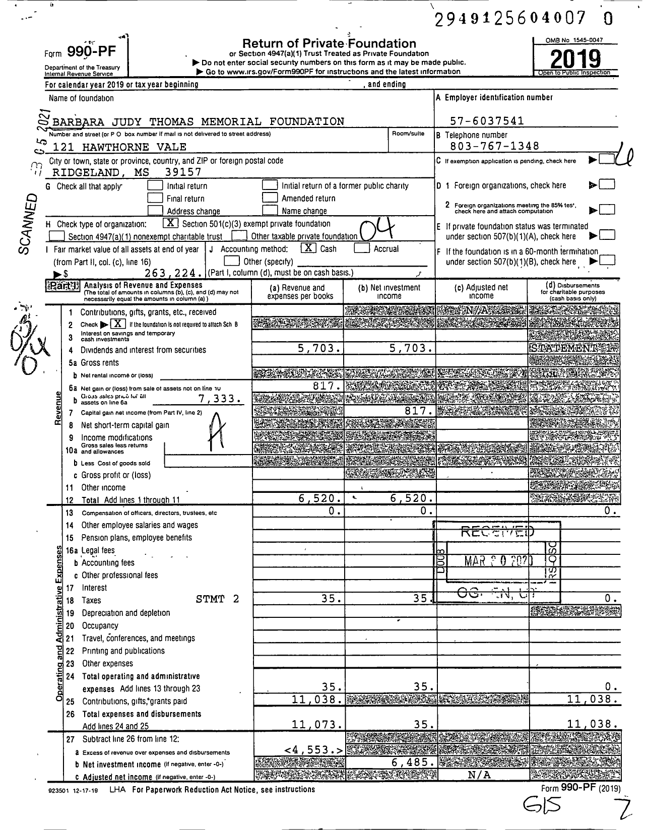 Image of first page of 2019 Form 990PF for Barbara Judy Thomas Memorial Foundation