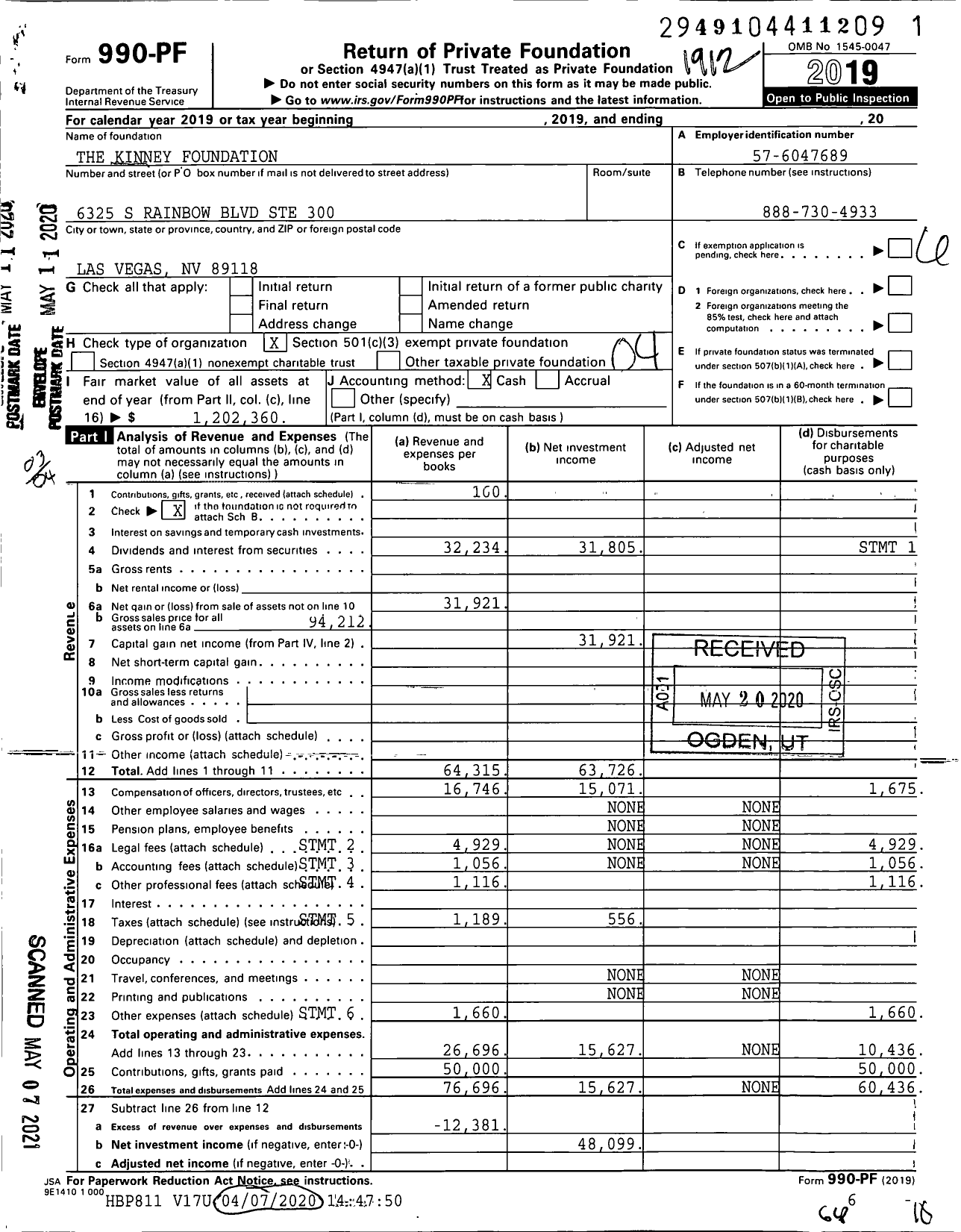 Image of first page of 2019 Form 990PF for The Kinney Foundation