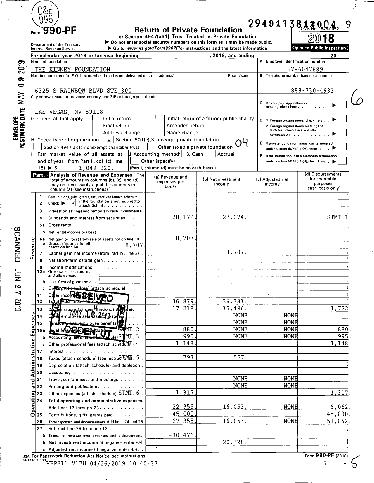 Image of first page of 2018 Form 990PF for The Kinney Foundation