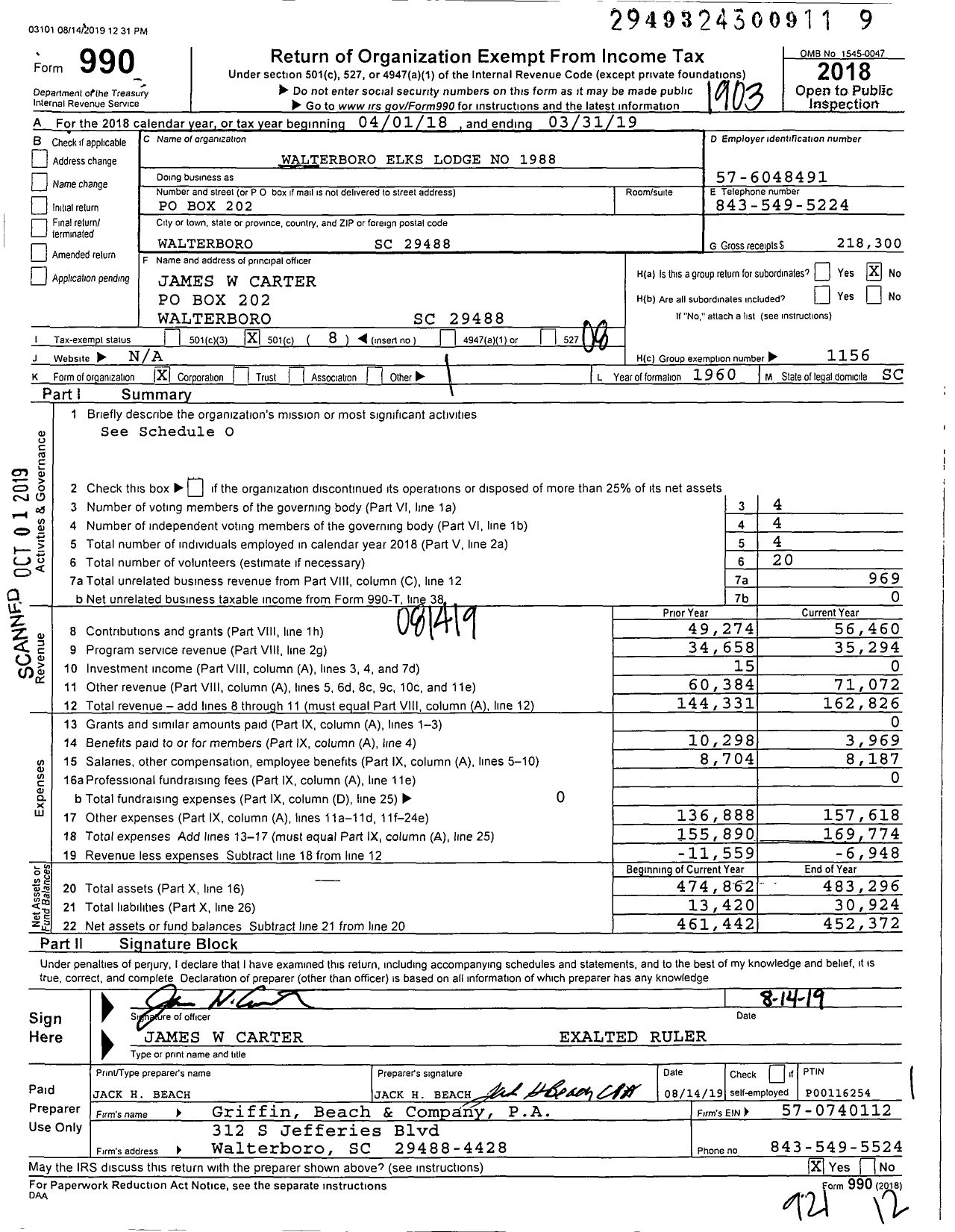 Image of first page of 2018 Form 990O for Benevolent and Protective Order of Elks - Walterboro Elks Lodge No 1988