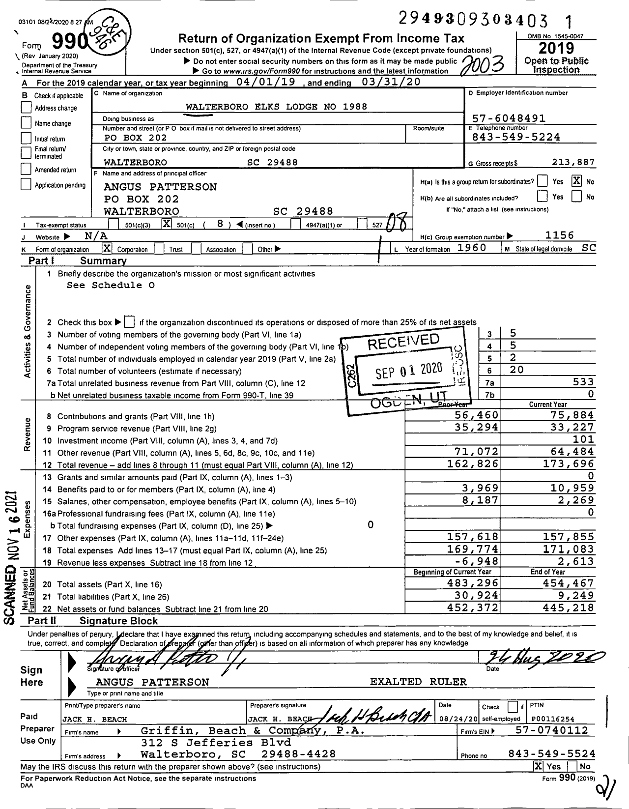 Image of first page of 2019 Form 990O for Benevolent and Protective Order of Elks - Walterboro Elks Lodge No 1988