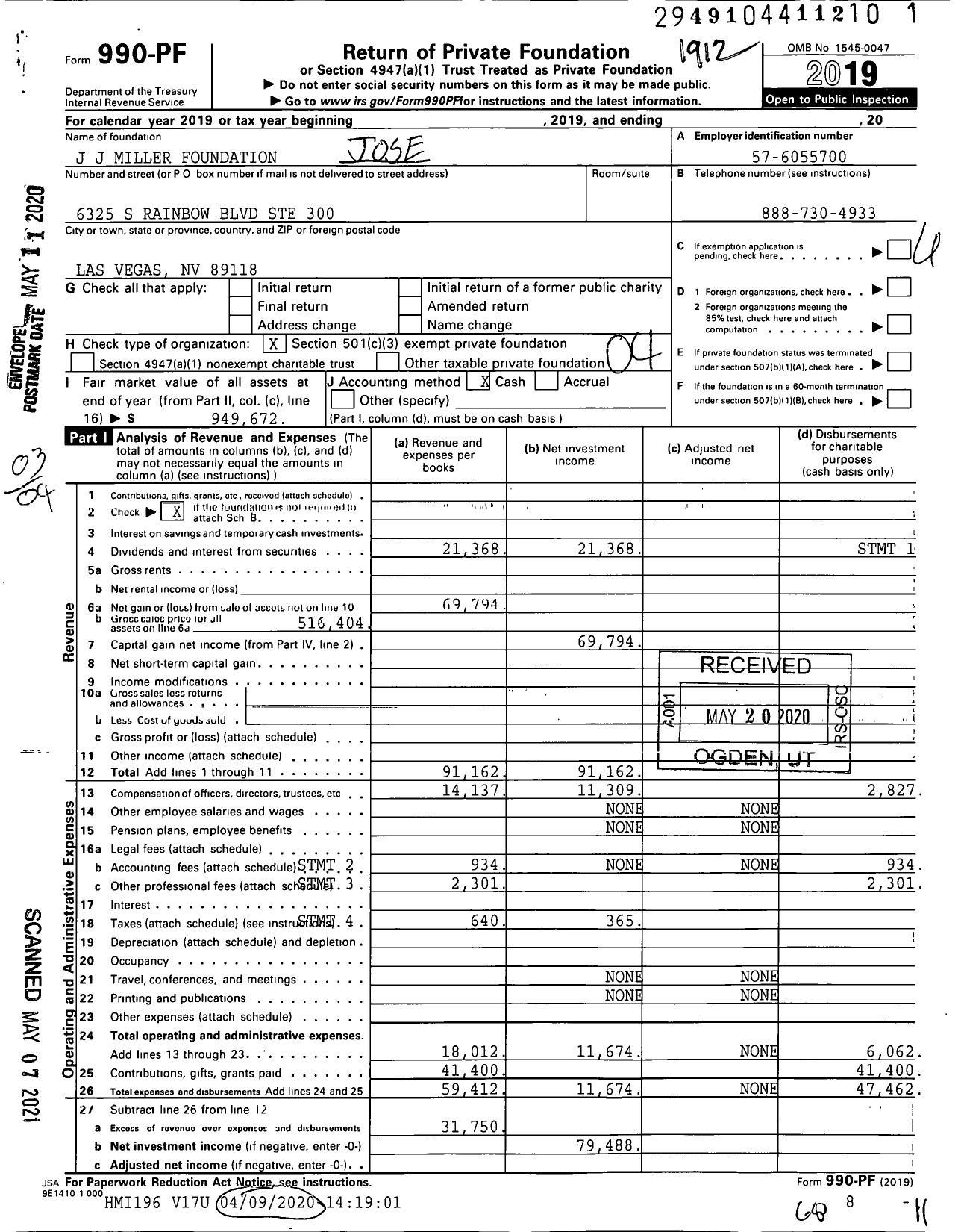 Image of first page of 2019 Form 990PF for J J Miller Foundation