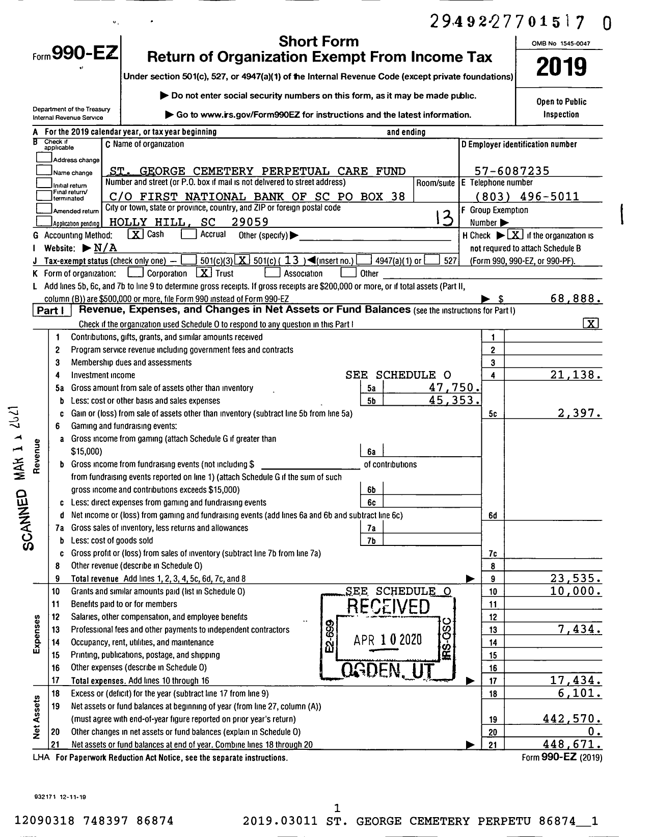 Image of first page of 2019 Form 990EO for St George Cemetery Perpetual Care Fund