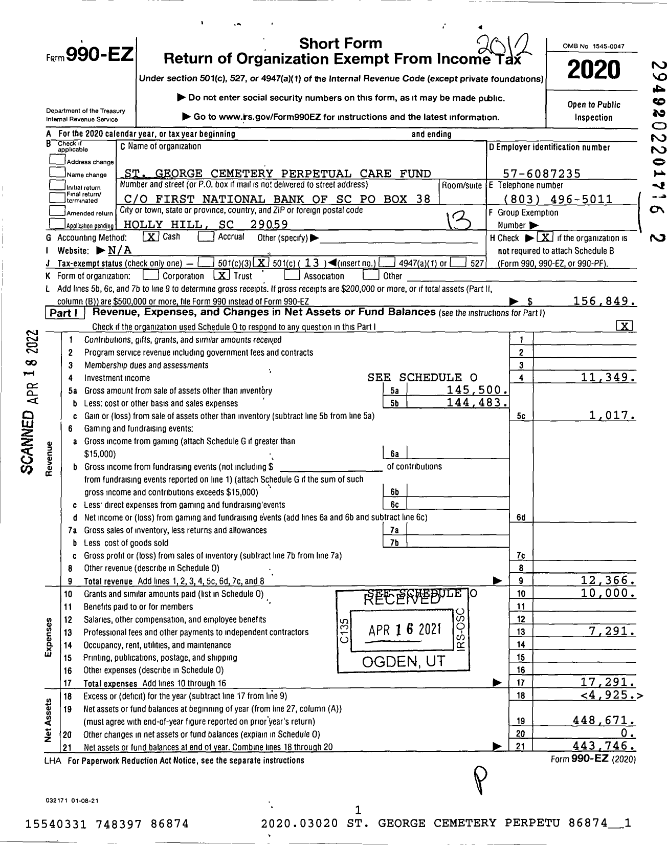 Image of first page of 2020 Form 990EO for St George Cemetery Perpetual Care Fund