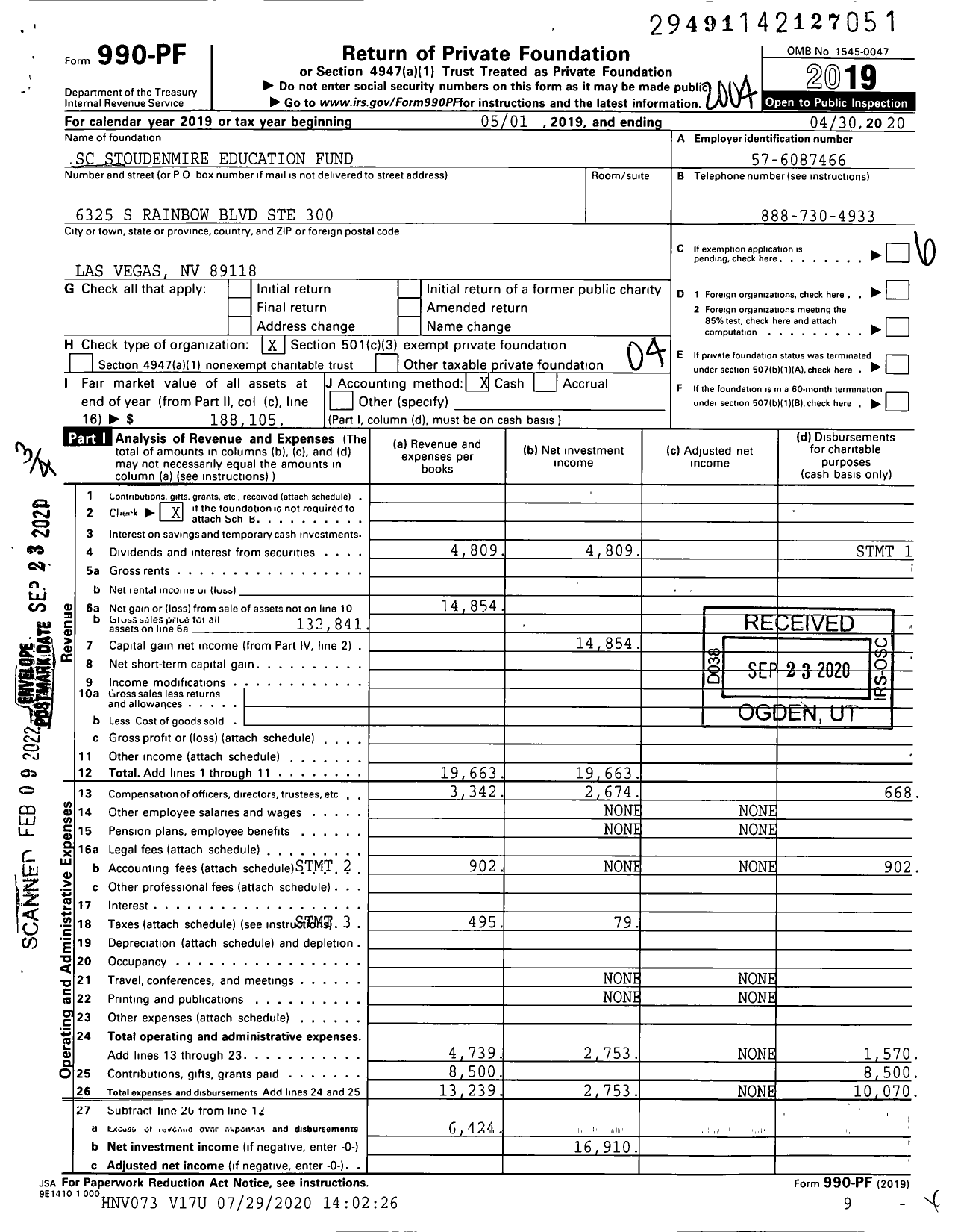 Image of first page of 2019 Form 990PF for SC Stoudenmire Education Fund