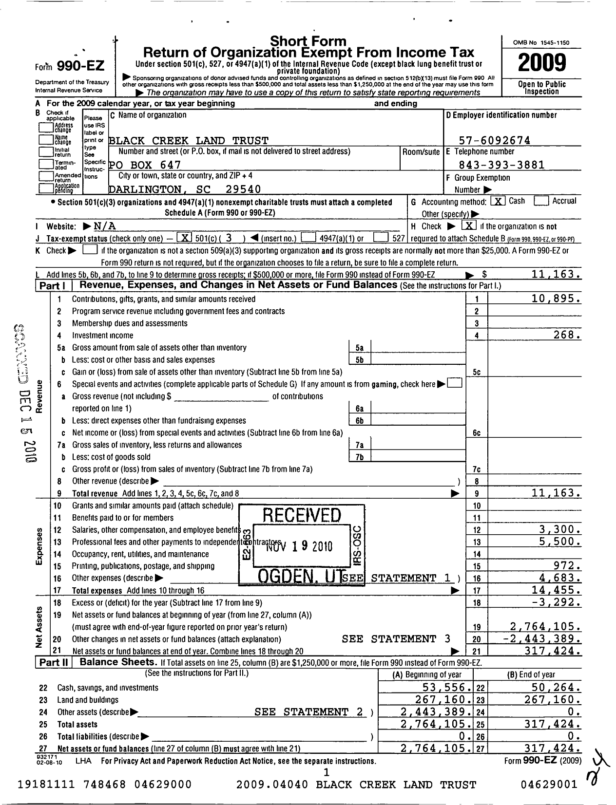 Image of first page of 2009 Form 990EZ for Black Creek Land Trust