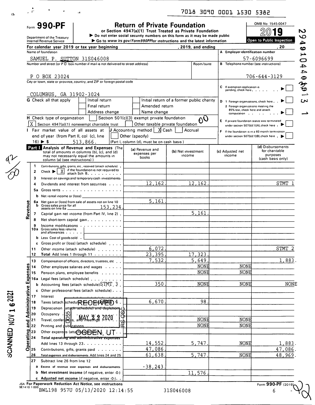 Image of first page of 2019 Form 990PF for Samuel P Sutton 31s046008