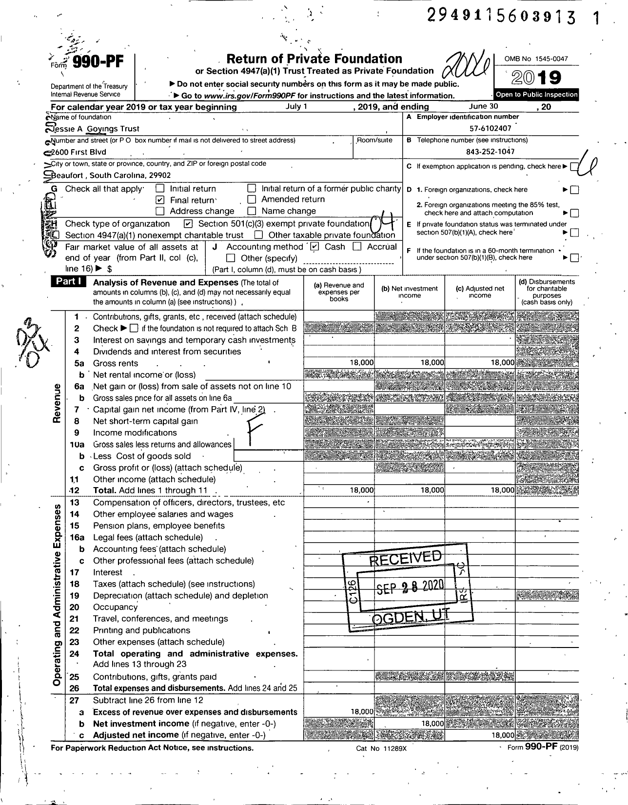 Image of first page of 2019 Form 990PF for Jessie A Goyings Charitable Trust