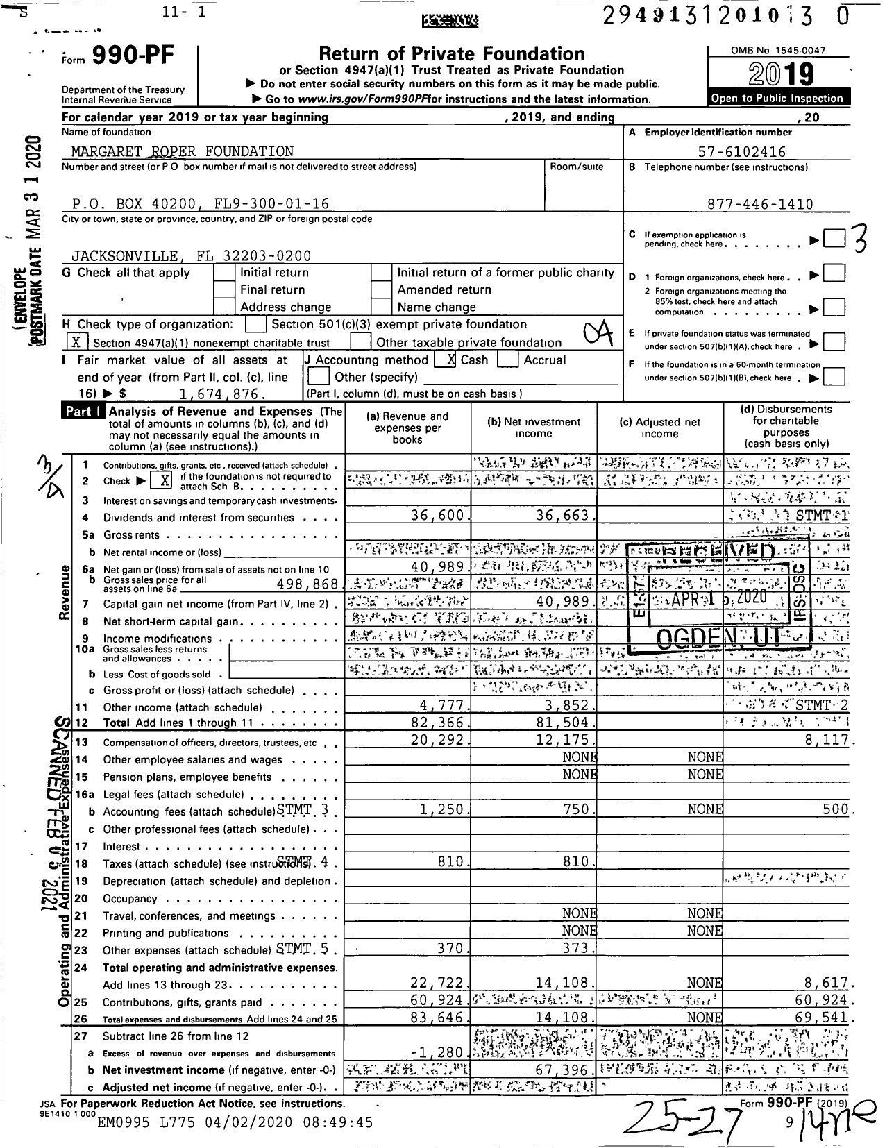 Image of first page of 2019 Form 990PF for Margaret Roper Foundation