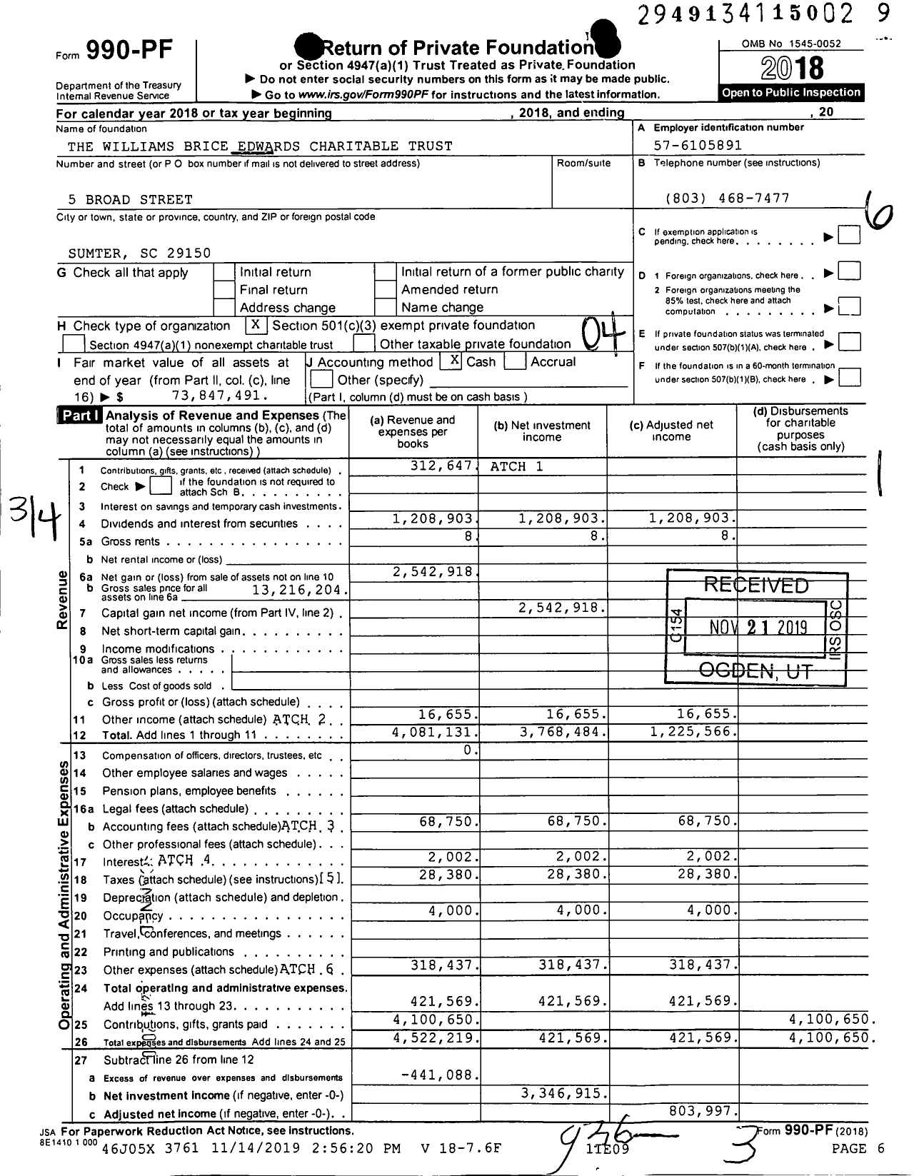 Image of first page of 2018 Form 990PF for The Williams Brice Edwards Charitable Trust