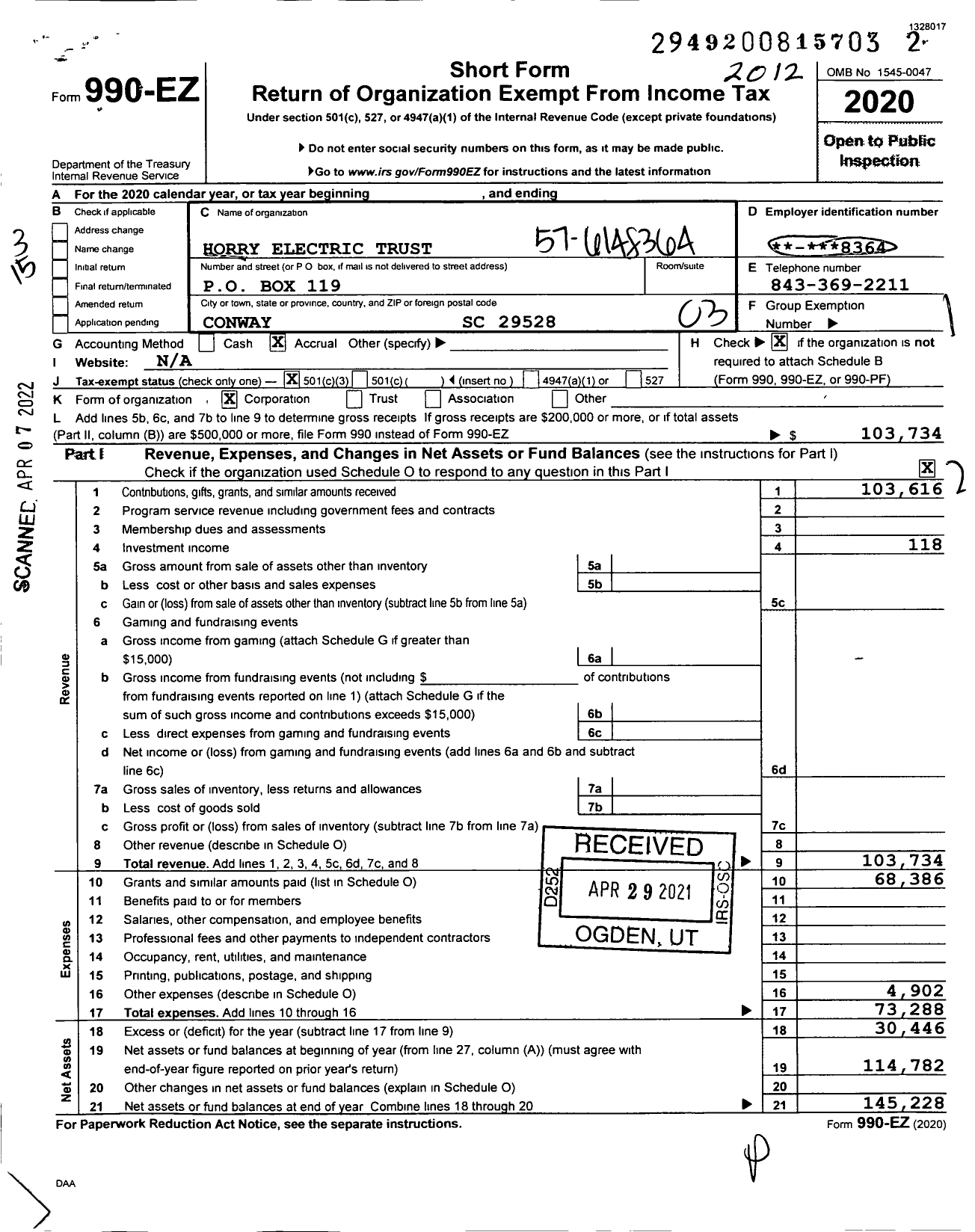 Image of first page of 2020 Form 990EZ for Horry Electric Trust