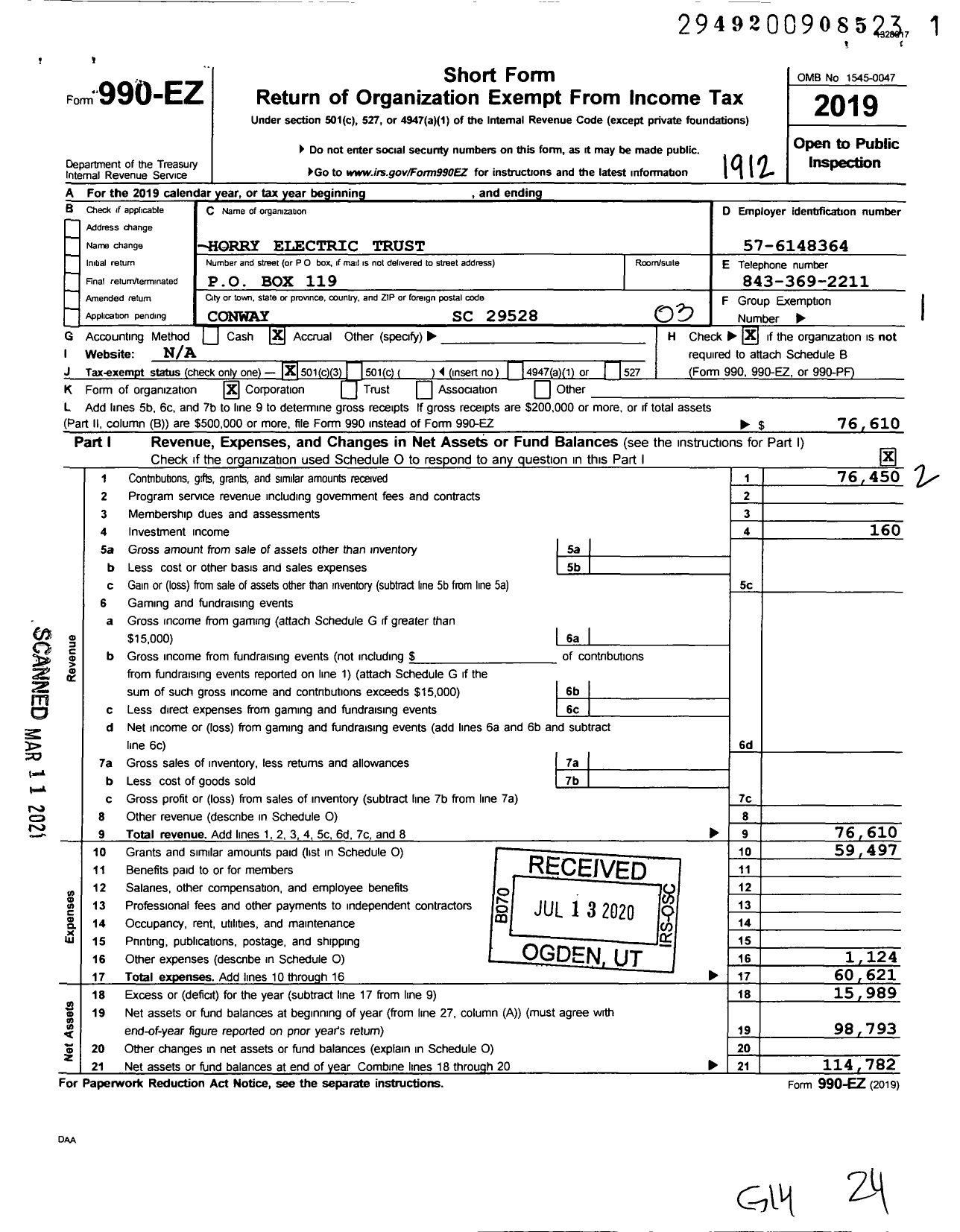 Image of first page of 2019 Form 990EZ for Horry Electric Trust