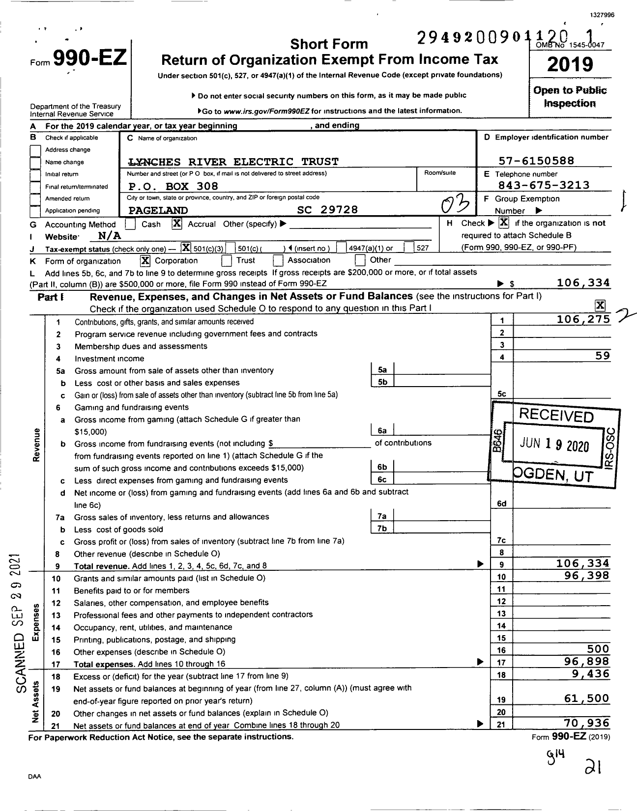 Image of first page of 2019 Form 990EZ for Lynches River Electric Trust