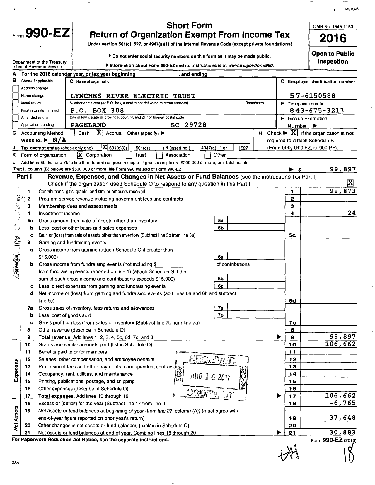 Image of first page of 2016 Form 990EZ for Lynches River Electric Trust