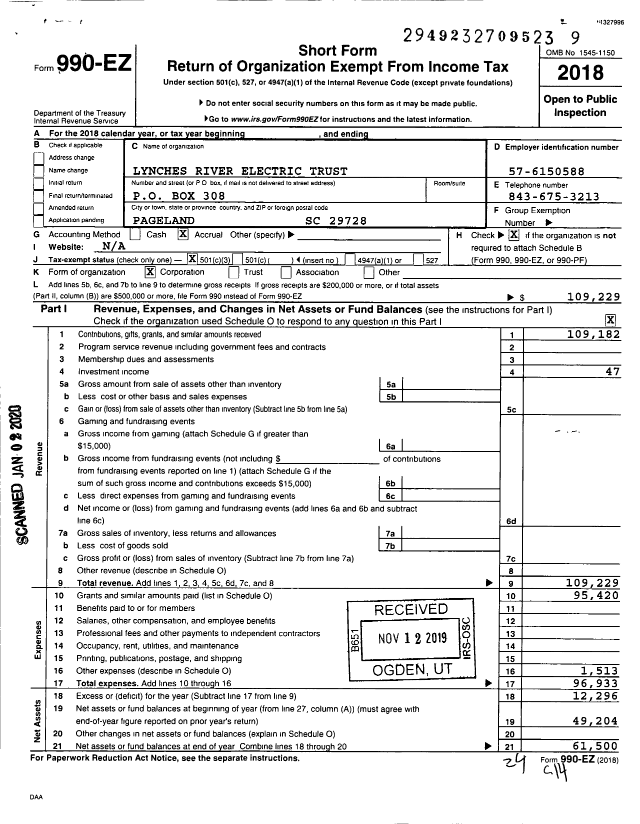 Image of first page of 2018 Form 990EZ for Lynches River Electric Trust