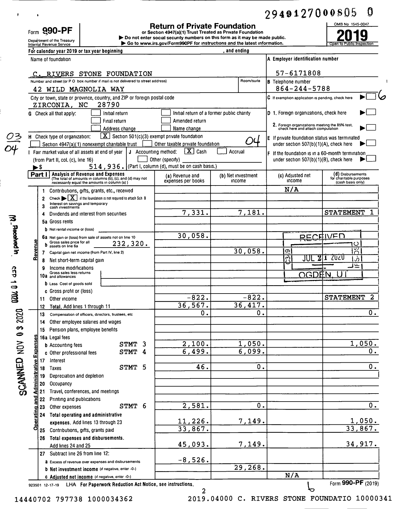 Image of first page of 2019 Form 990PF for C Rivers Stone Foundation