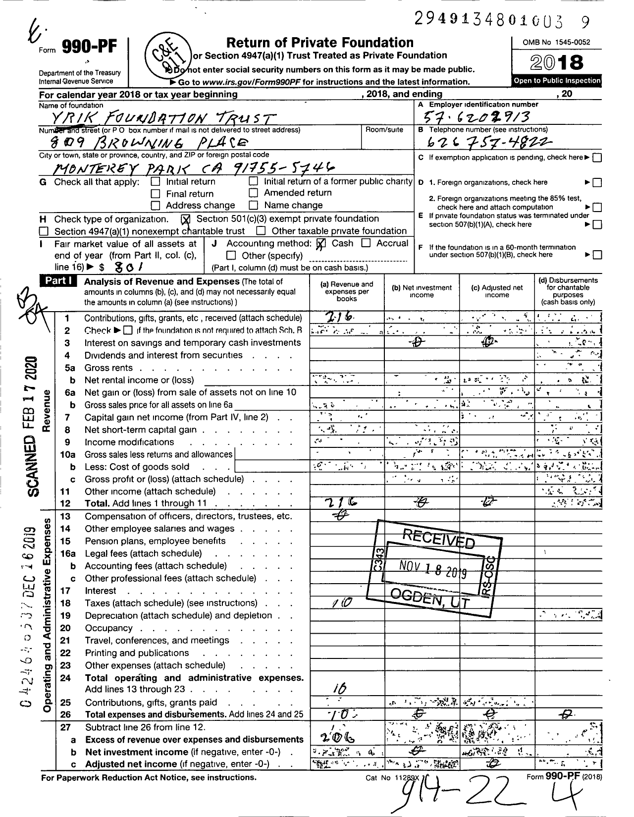 Image of first page of 2018 Form 990PF for Yrik Foundation Trust