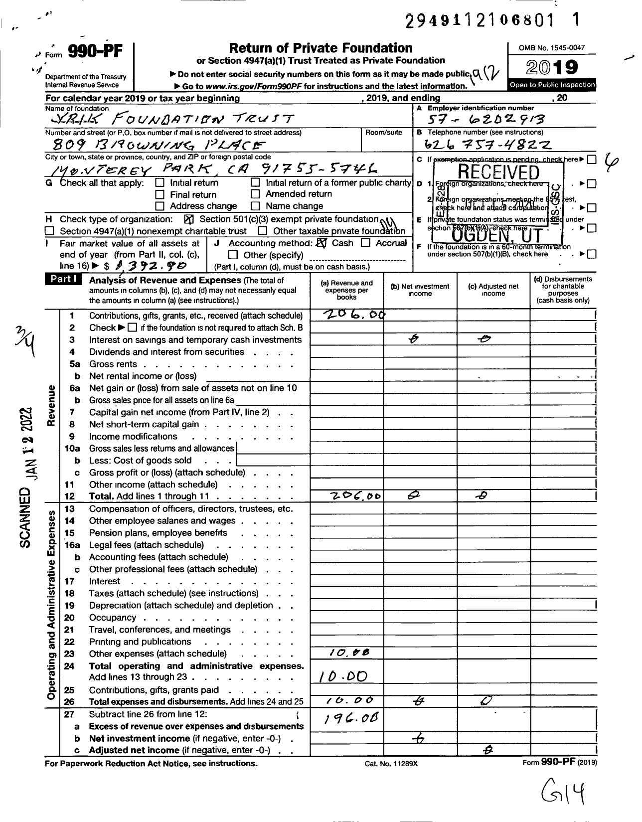 Image of first page of 2019 Form 990PF for Yrik Foundation Trust