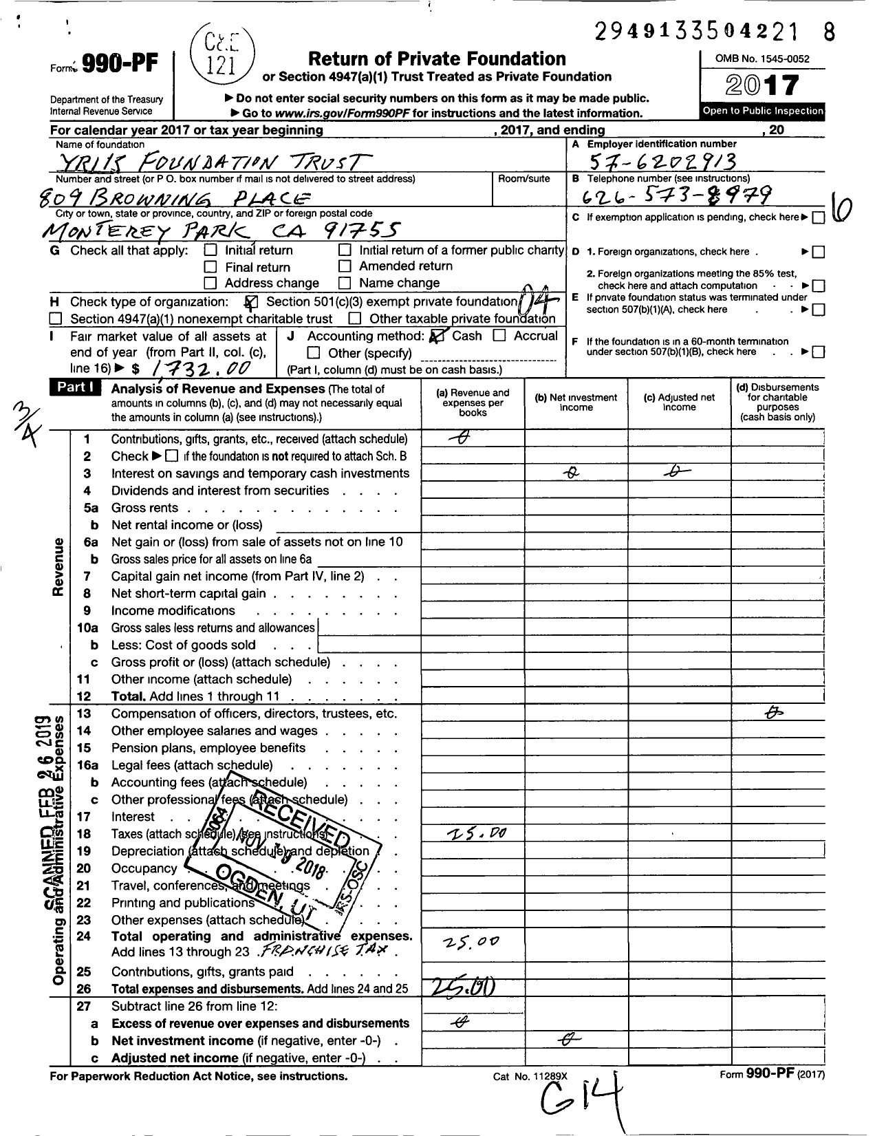 Image of first page of 2017 Form 990PF for Yrik Foundation Trust