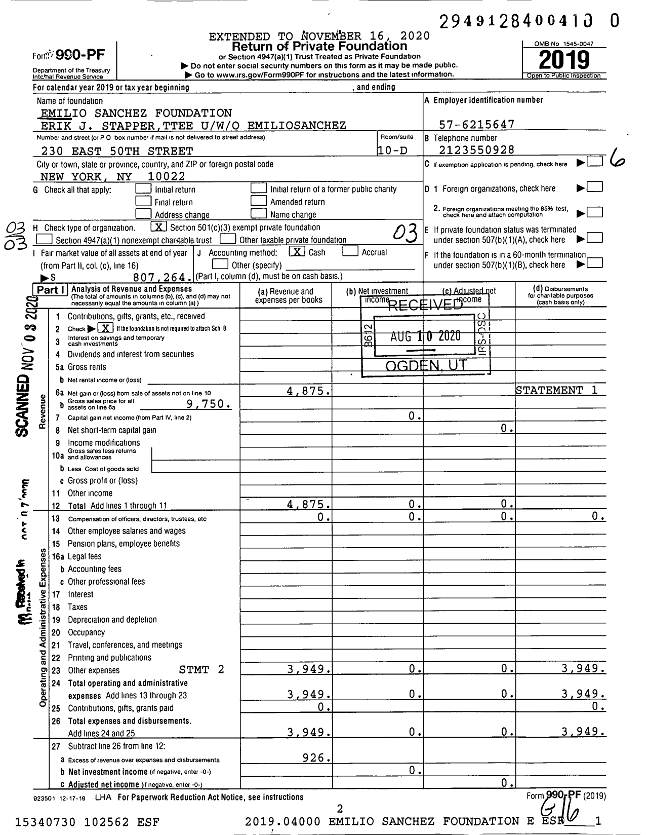 Image of first page of 2019 Form 990PF for Emilio Sanchez Foundation Erik J Stapper Ttee u / w Esanchez