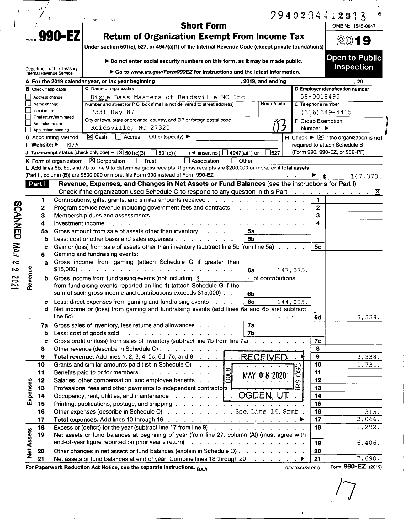 Image of first page of 2019 Form 990EZ for Dixie Bass Masters of Reidsville NC