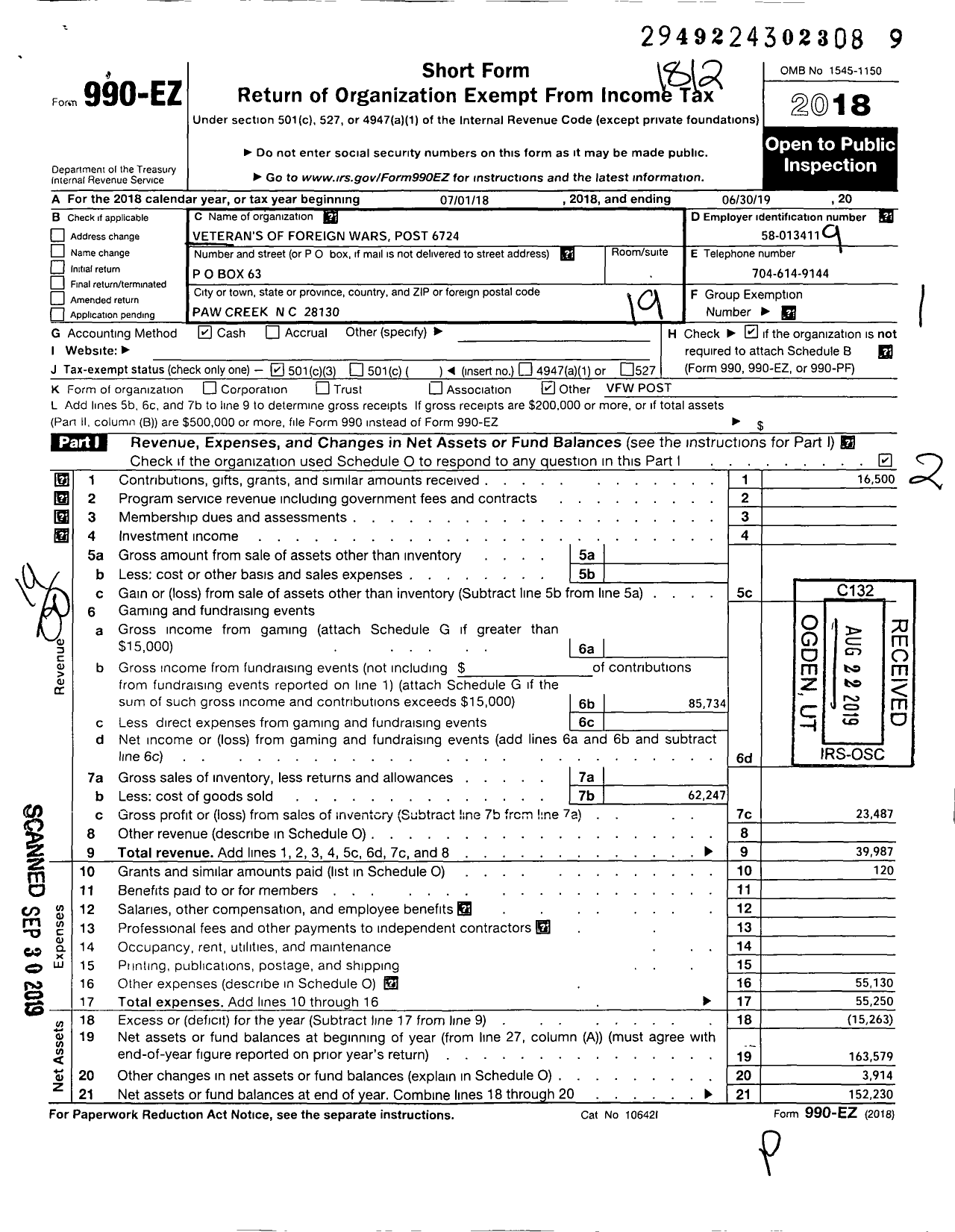 Image of first page of 2018 Form 990EO for VFW NC - 6724 Paw Creek Post