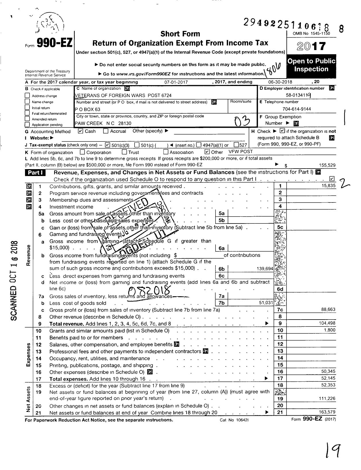 Image of first page of 2017 Form 990EZ for VFW NC - 6724 Paw Creek Post