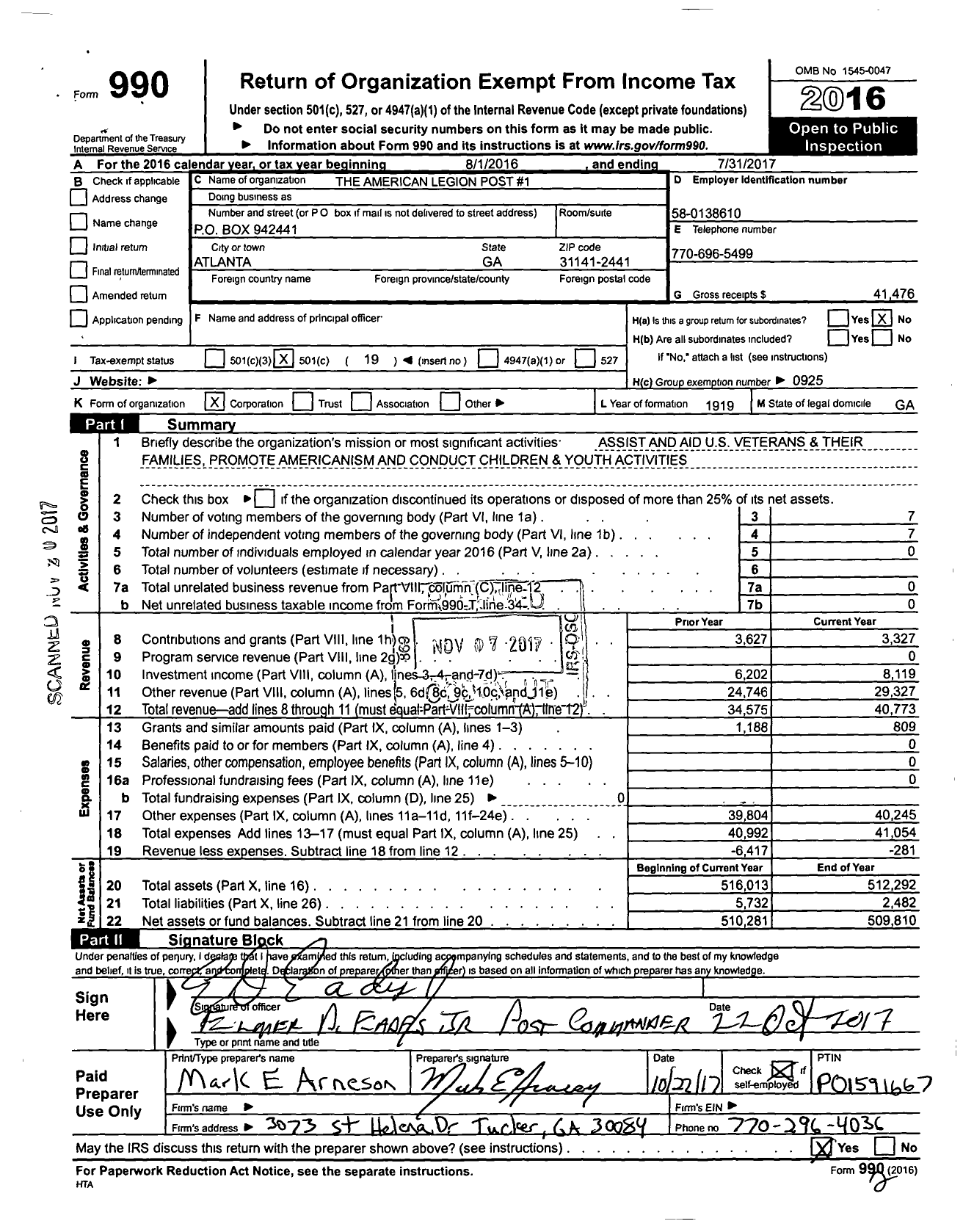 Image of first page of 2016 Form 990O for American Legion - 1 Atlanta Inc Post