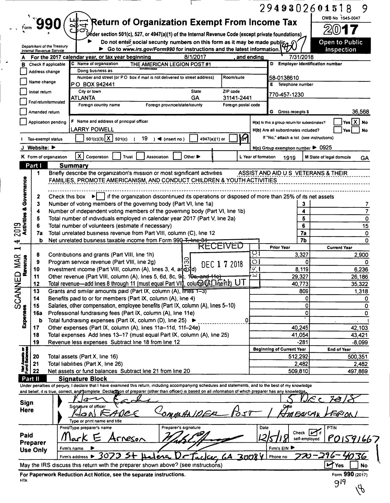 Image of first page of 2017 Form 990O for American Legion - 1 Atlanta Inc Post