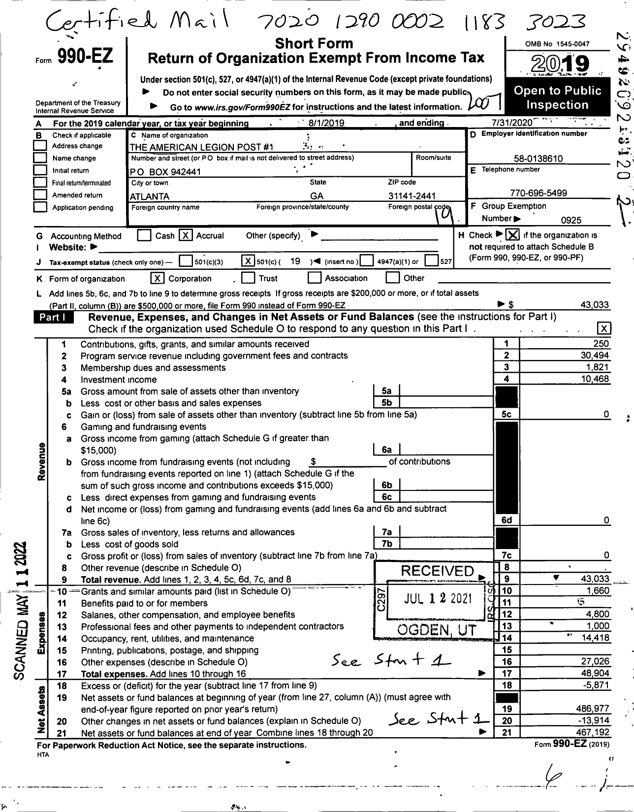 Image of first page of 2019 Form 990EO for American Legion - 1 Atlanta Inc Post